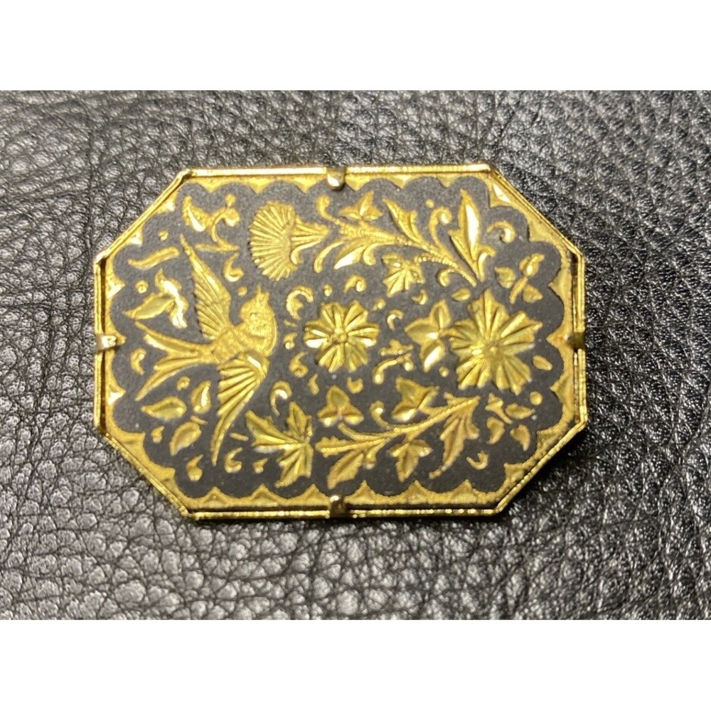 VNTG Flowers & Bird Damascene Rectangular Pin Brooch Black & Gold Carved Beaty